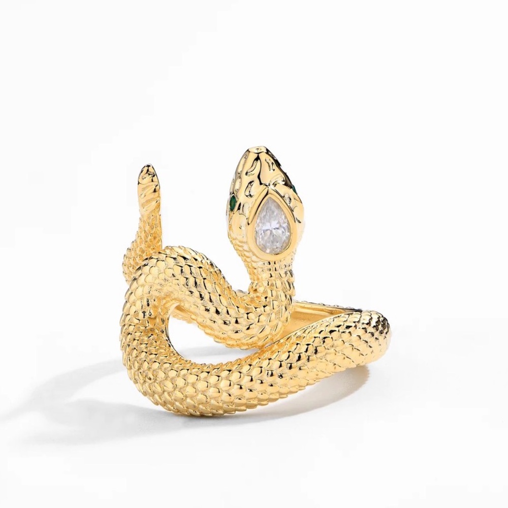 Snake Moissanite Ring w/ Emerald Eyes | 18K Gold-Plated - Picture 9 of 12